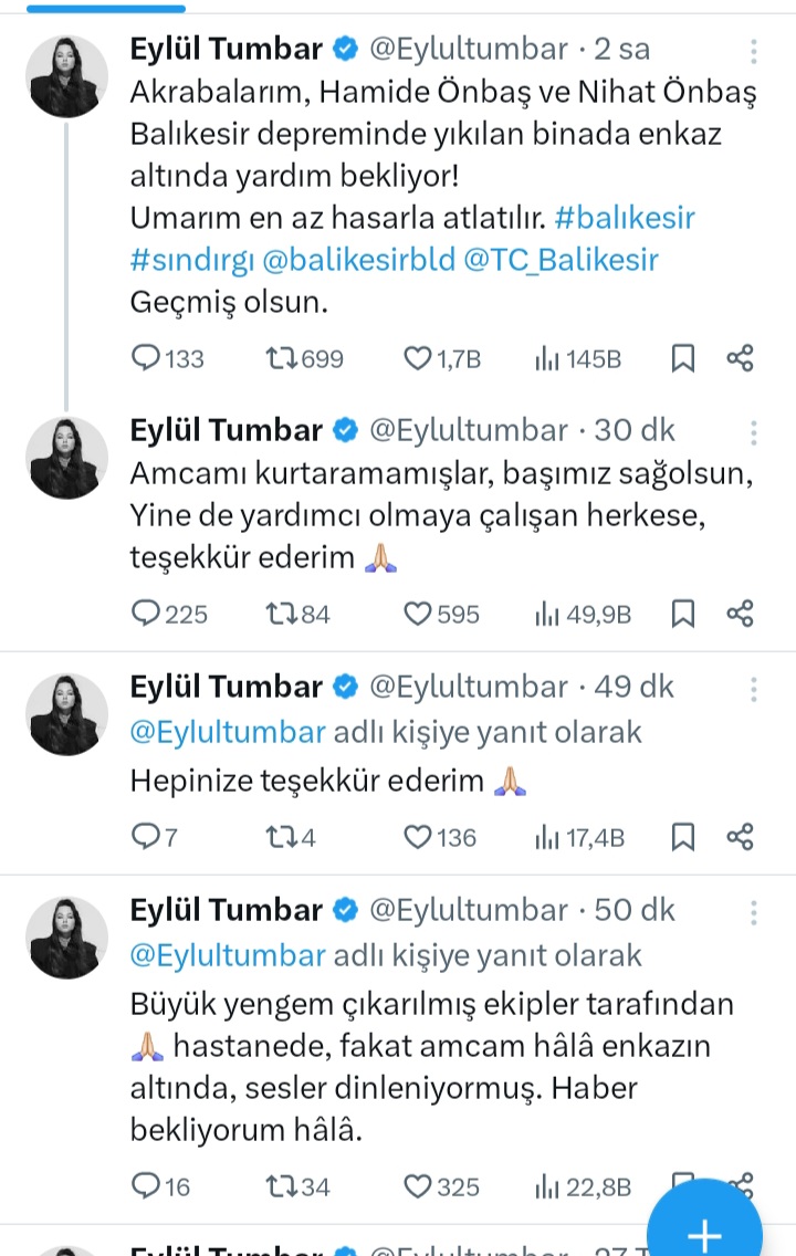 Balıkesir depreminde Eylül Tumbar'ın akrabası hayatını kaybetti