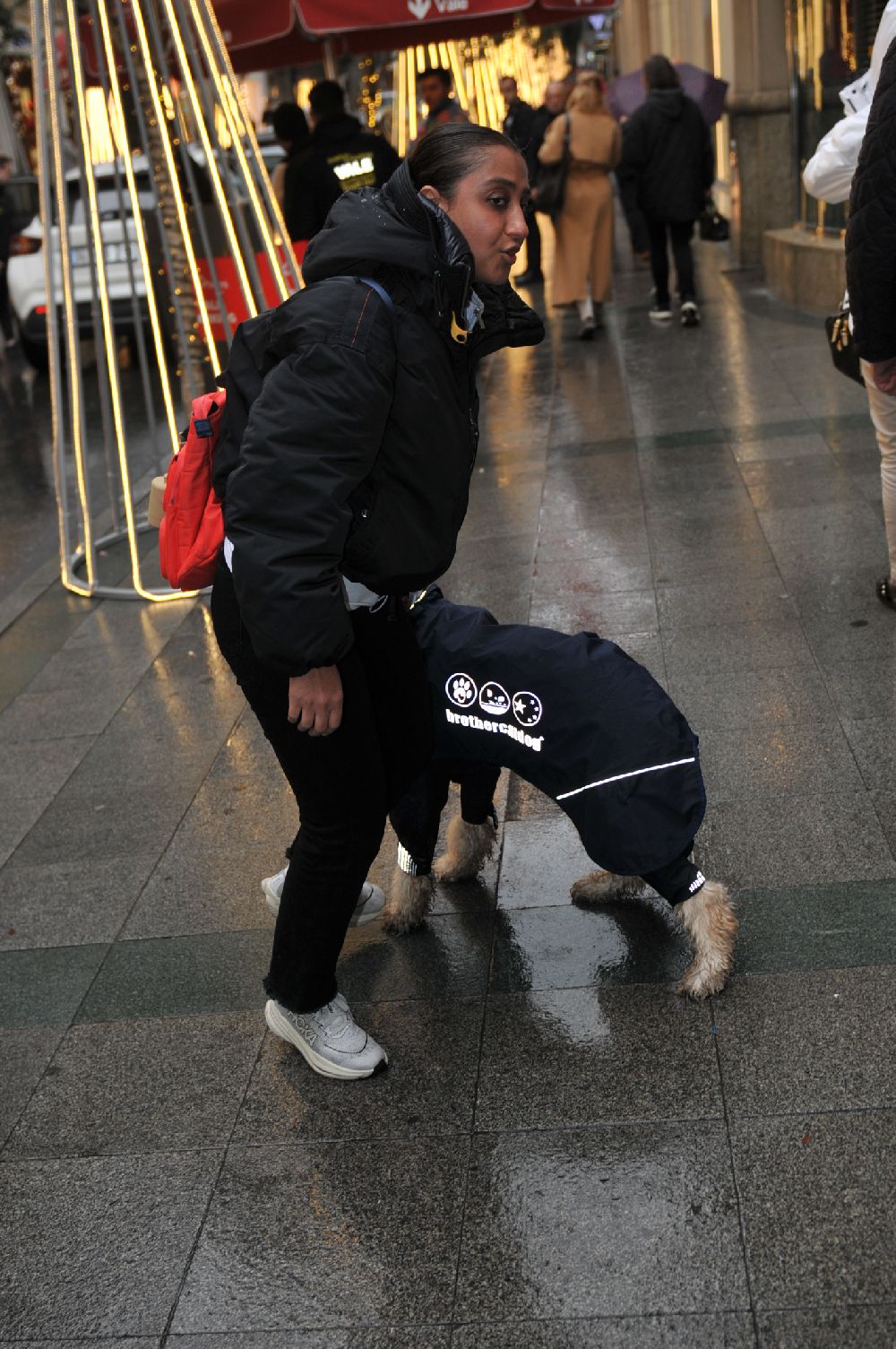 Ecem Erkek köpeğine yağmurluk giydirdi