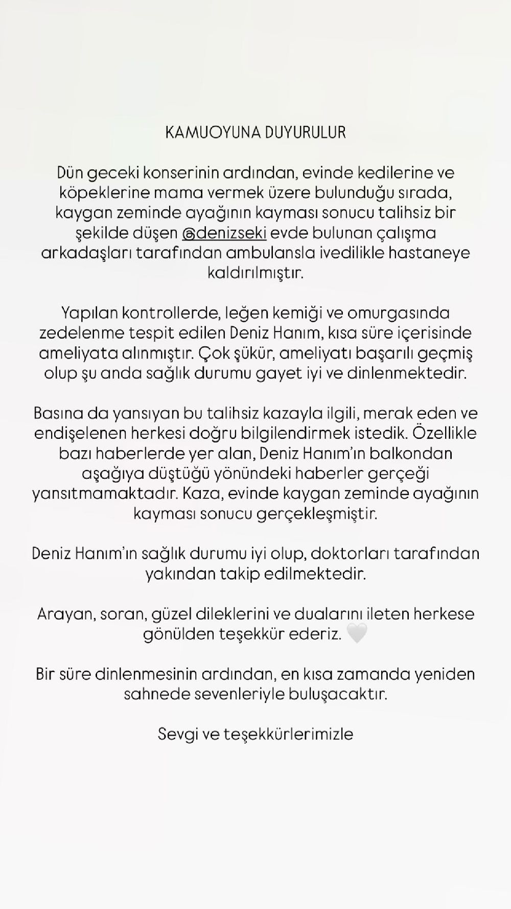 Evinde düşen ve ameliyata alınan Deniz Seki'nin sağlık durumu hakkında açıklama yapıldı